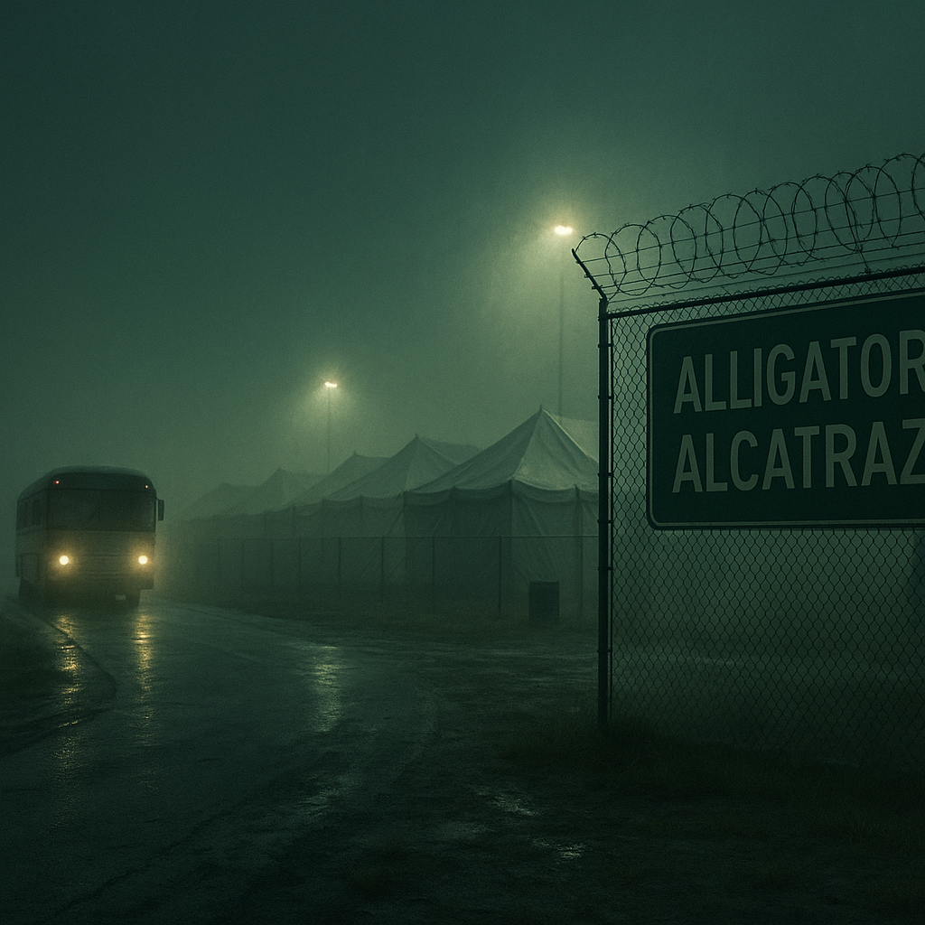 A bus drives into the ominous Alligator Alcatraz facility 
